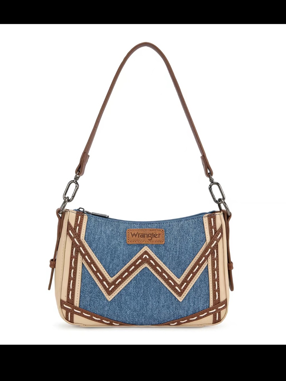 Wrangler Denim Shoulder Bag with Chevron Stitching in Blue and Brown - Picture 6 of 6